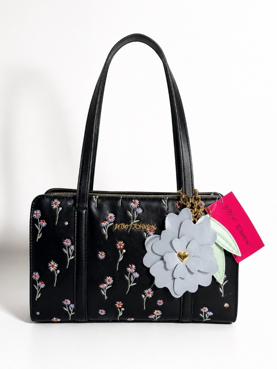 Betsey Johnson Handbags - Betsey Johnson Floral Embroidered Satchel Bag Charm Black Shoulder NWT